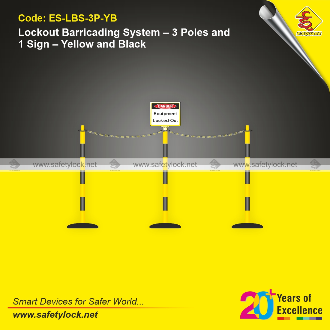 lockout barricading system with 3 poles and 1 sign yellow and black