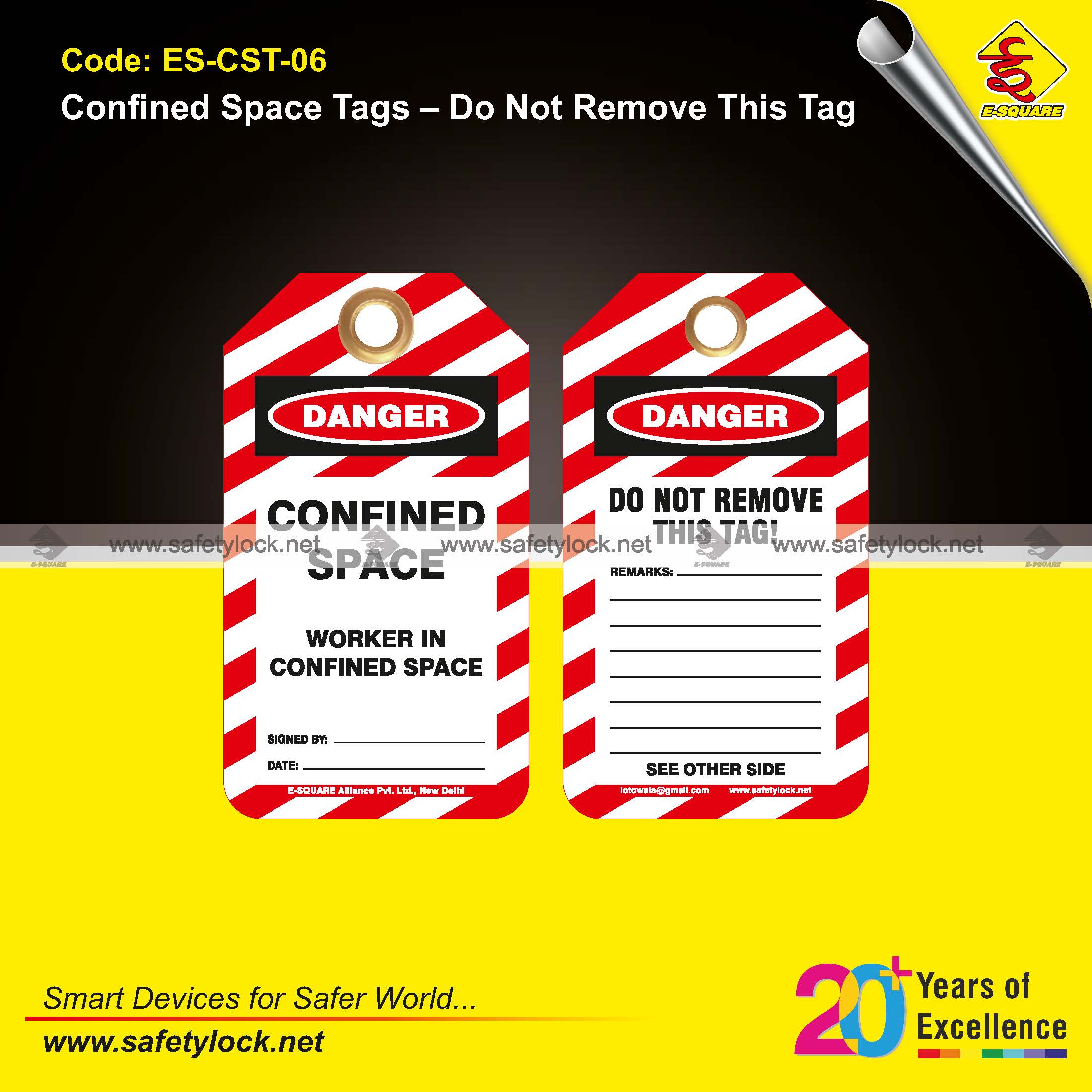white and red confined space tags