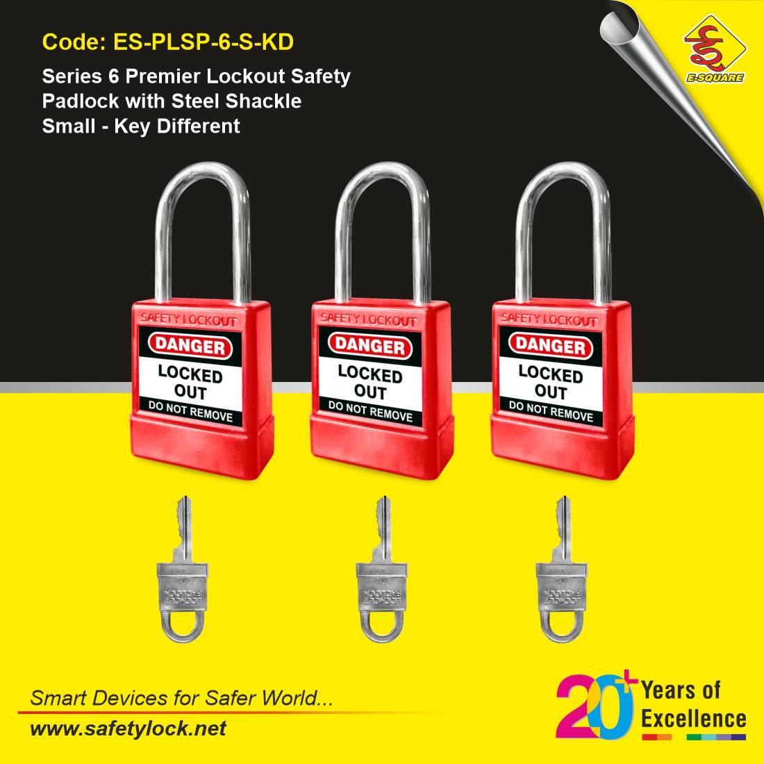 E-Square series 6 premier lockout safety padlock with steel shackle