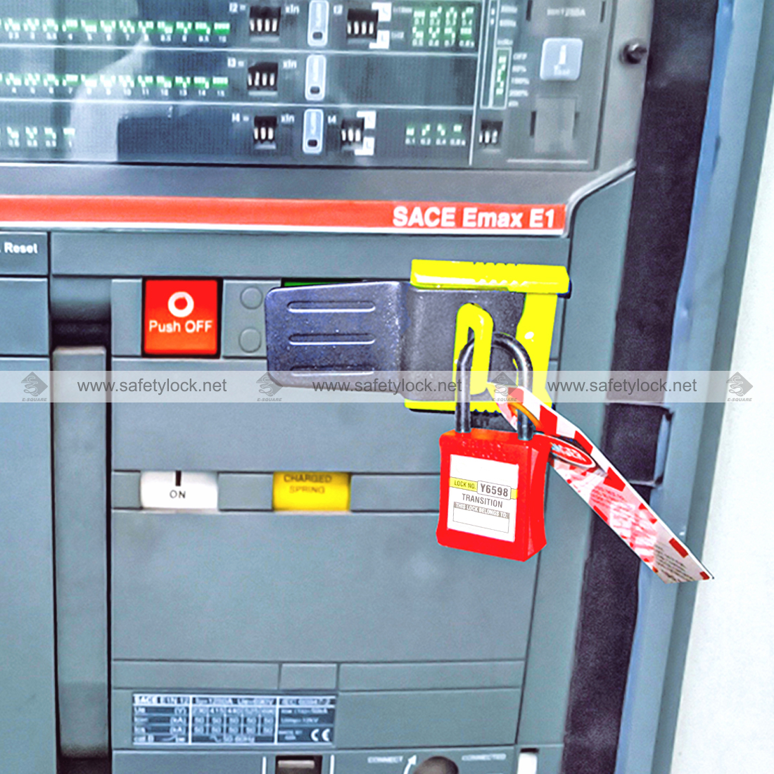 electrical panel lockout device to lock flat button and hole blocker