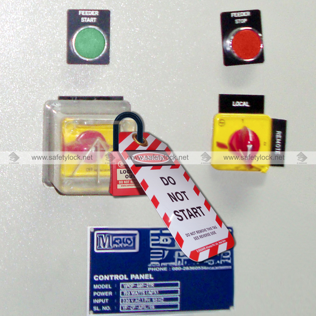 small square switch lockout tagout on electrical panel
