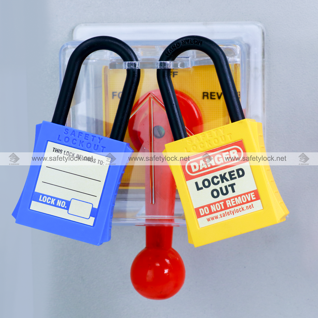 square switch lockout device installation on electrical panel