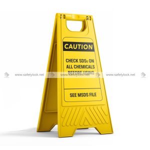 yellow color portable floor stand - check SDSs on all chemicals before using